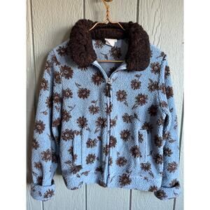 Vintage Floral Sherpa Fleece Jacket Women’s Blue Brown Zip Front Cozy Small
